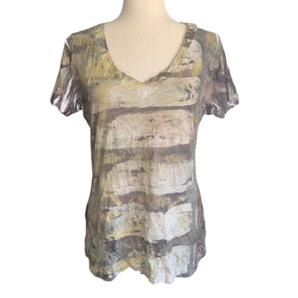 Abstract Print Top L Earth Tone Crinkle Knit Grunge Indie Boho Stretch Tee